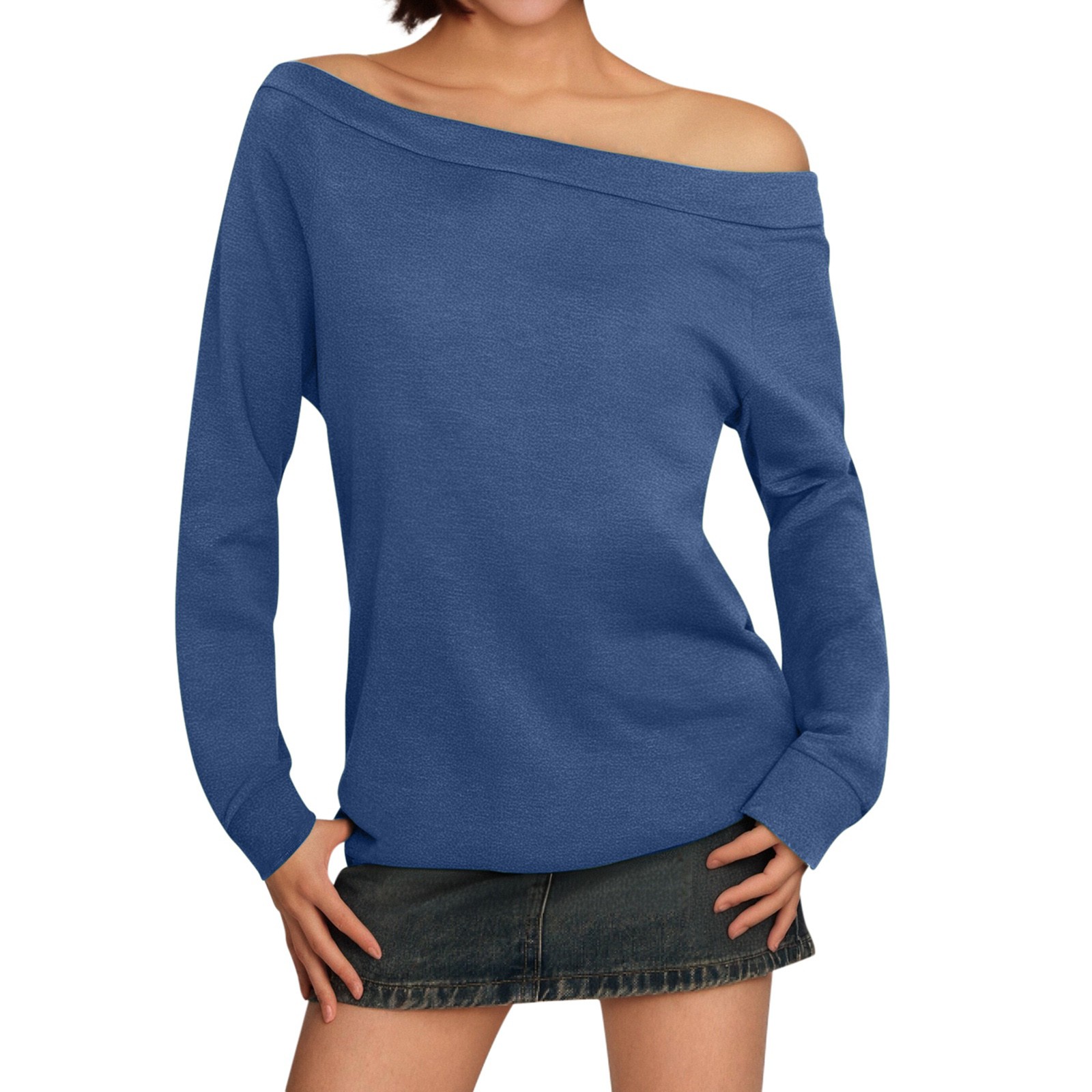 thumbnail image 1 of Blusa de manga larga con hombros descubiertos para mujer - Camiseta informal de verano de color liso, 1 of 6